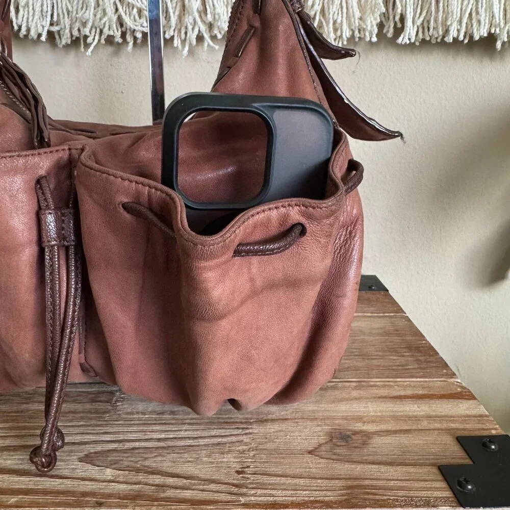 Junior Drake Brown Lambskin Leather Gathered Pocket Squishy Hobo Shoulder Bag
